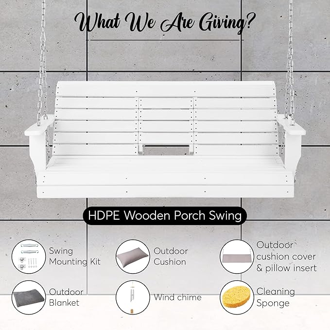 Premium Poly Lumber Porch Swing with Mounting Kit – All-Weather HDPE Hanging Bench with Cup Holders & Steel Chains for Patio or Backyard