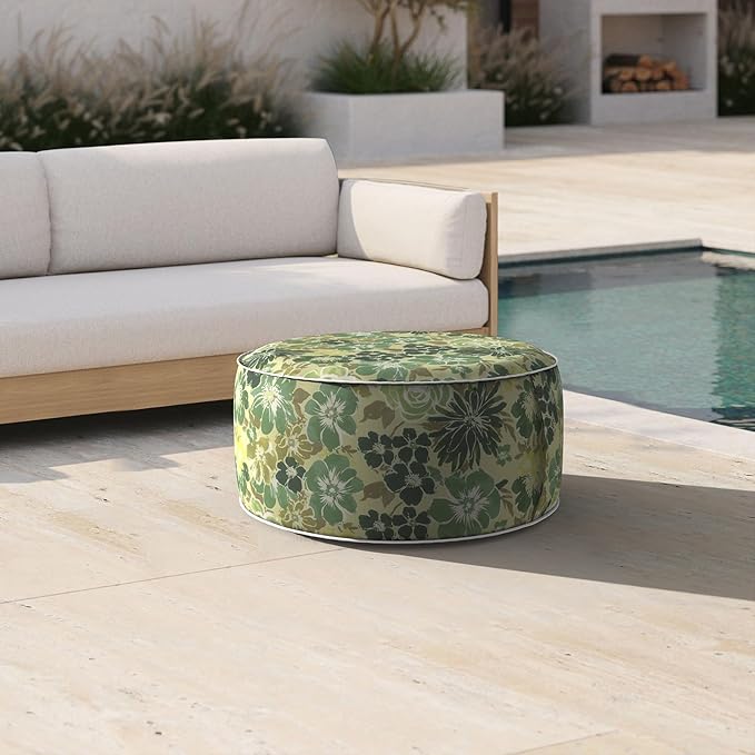 Inflatable Ottoman Stool D21 xH9 for Outdoor/Indoor Use, Water Repellent Patio Foot Rest with Portable Handle,Round Pouf Ottoman Suitable for Garden,Deck and Camping-Green Rose