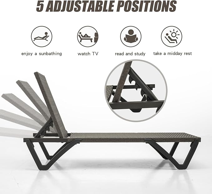Domi Pool Lounge Chairs Set of 2, Wicker Adjustable Outdoor Chaise Lounge with Wheels, All Weather Poolside Chairs for Deck Lawn Patio Backyard
