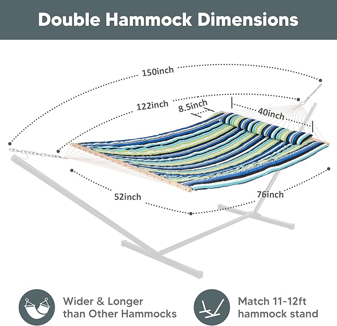 SUNCREAT Hammocks Outdoor Double Hammock with Hardwood Spreader Bar, Cotton Rope Hammock with Polyester Pad, Blue&Green