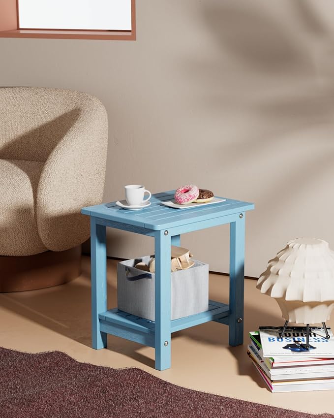 YEFU Outdoor Side Table for Patio: 16" HIPS Weather - Resistant Adirondack Tables - Waterproof Small Square End Tables for Backyard Pool Porch Balcony - Indoor Outdoor Double Layer Table Blue