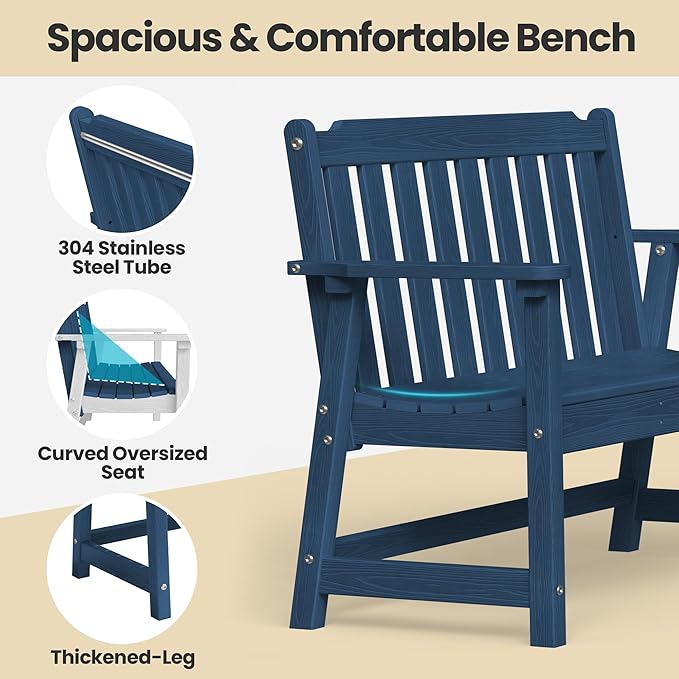 Ciokea 49" Heavy Duty Outdoor Bench Set of 2, HDPE Weatherproof Garden Bench, 2-Person Memorial Benches with 660 Lbs, Waterproof Patio Porch Benches for Outside Business Office Backyard, Navy Blue