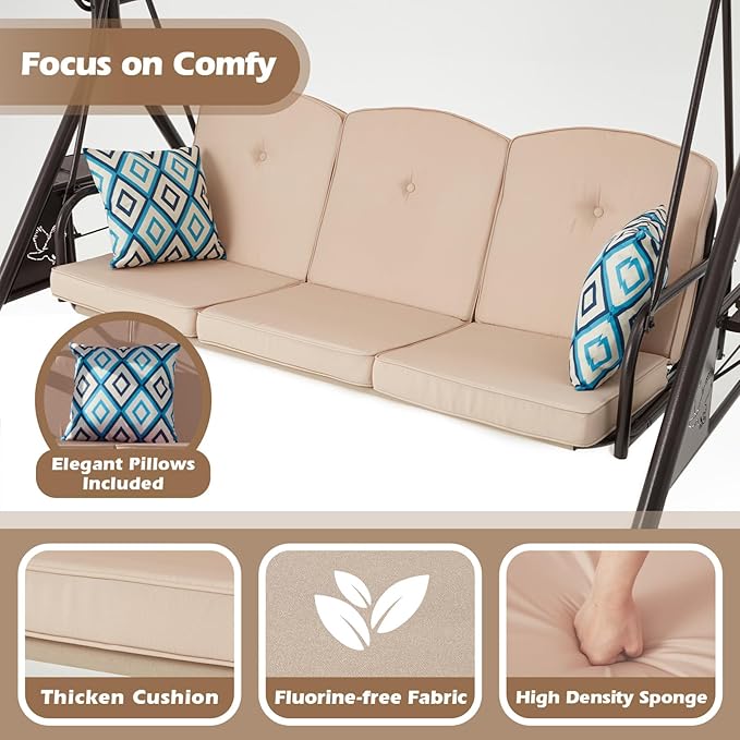 800LBS Patio Swing with Canopy 3 Seat Outdoor Porch Swing with Stand w/Cup Holder & Pillow Glider Chair Swing Bed for Patio Backyard Poolside (Khaki)