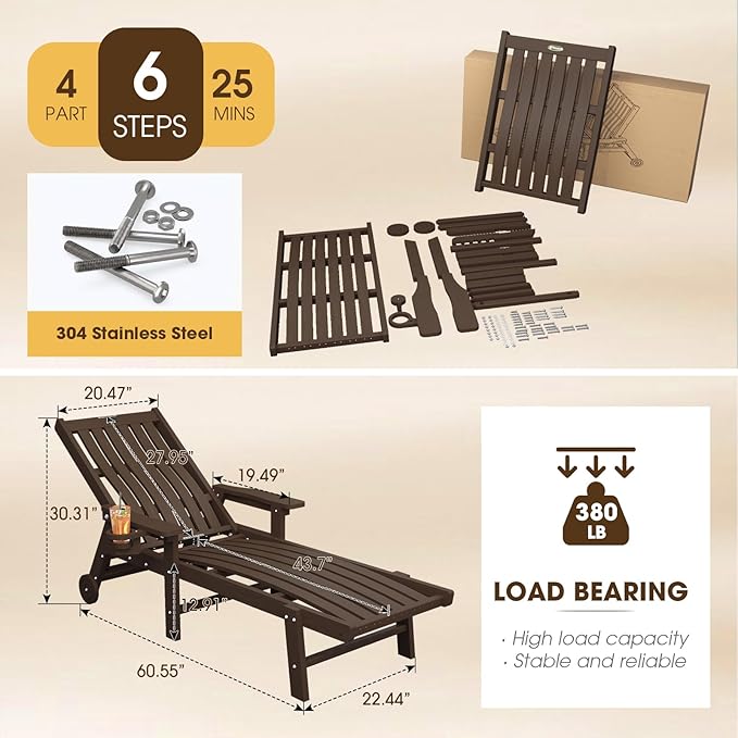 Patio Chaise Lounge Chair, Oversized Lounge Chair Outdoor with 5 Positions, HDPE, Patio Lounge Chair with Wheels & Cup Holder for Pool, Deck, Poolside,Brown