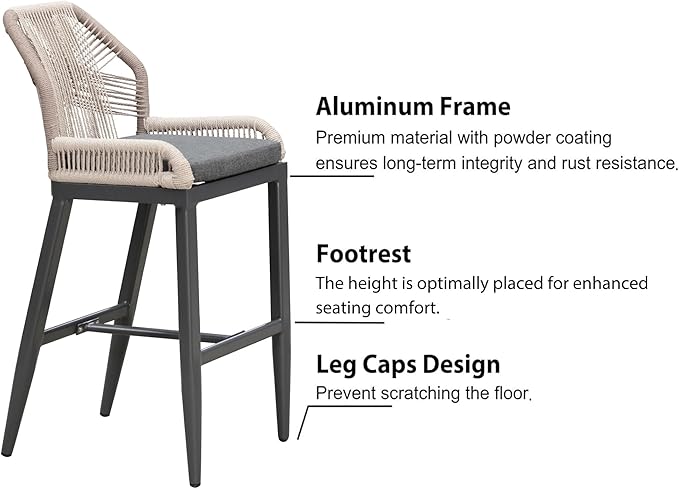 PURPLE LEAF Patio Bar Stool Counter Height Set of 4 Outdoor Rattan Chairs with Back Modern Aluminum Woven Barstools for Garden Indoor Kitchen Gray
