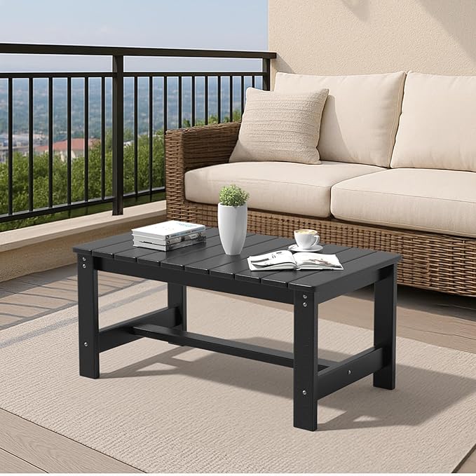 VINGLI Outdoor Coffee Table, HDPE Patio Coffee Table for Outside, All-Weather Rectangle Coffee Table for Deck, Garden, Balcony, Porch, Indoor & Outdoor Use, Black