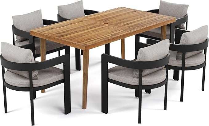 Christopher Knight Home Elko Acacia Wood Outdoor Dining Set for 6, Wooden 7 Piece Patio Dining Table Set, Outdoor Metal Dining Chair and Table Set with Cushion, Patio Furniture Set, Teak+Dark Gray