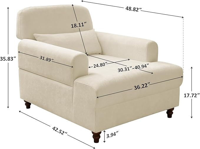 Chaise Lounge Chair Indoor with Adjustable Backrest, Oversized Accent Armchair for Living Room & Bedroom, Upholstered Mid-Century Reading Chair, Comfy Single Sofa Chair, Modern Living Room Chair