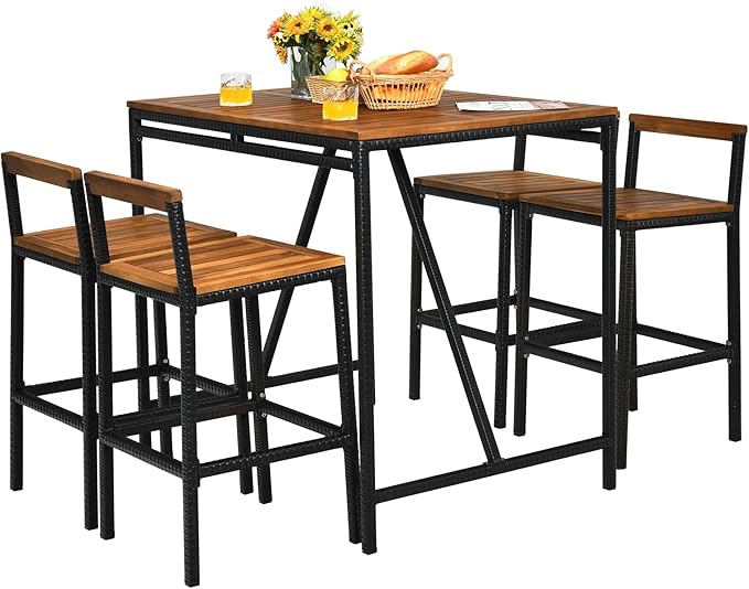 HAPPYGRILL 5 Pieces Patio Bar Table Set with Umbrella Hole Acacia Wood High-Dining Bistro Set with 4 Bar Stool, PE Wicker Outdoor Bar Set