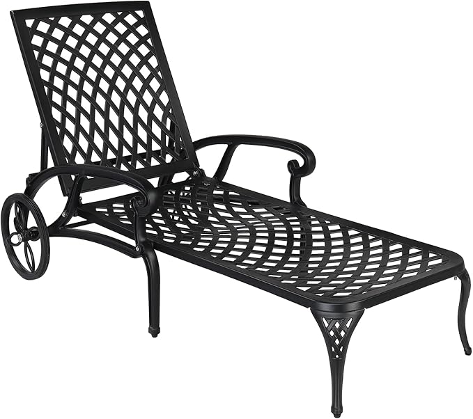 VINGLI Cast Aluminum Outdoor Chaise Lounge Chair with Wheels, Patio Chaise Lounge with 3-Position Adjustable Backrest, Tanning Chair Reclining Chair for Poolside (Black, Without Cushion)