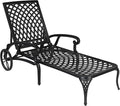 VINGLI Cast Aluminum Outdoor Chaise Lounge Chair with Wheels, Patio Chaise Lounge with 3-Position Adjustable Backrest, Tanning Chair Reclining Chair for Poolside (Black, Without Cushion)