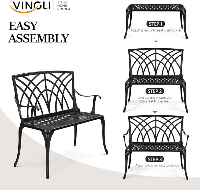 VINGLI 38" Outdoor Metal Bench, Cast Aluminium Garden Bench, Weatherproof Antique Finish Orchid Chair, 1-2 Person Seat Deck Furniture for Porch Entryway Patio (Black)