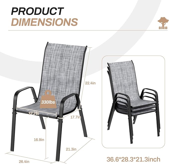 TLSUNNY Patio Chairs, Stackable Textilene Outdoor Dining Furniture for All Weather, with 17.7″ Wide Seat & Metal Frame, for Garden, Backyard, Deck, Restaurant, Poolside (6, Grey, 26.4″)
