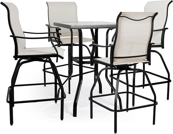LEVELEVE Patio Bar Set 5pcs Swivel Bar Stools Outdoor Bistro Textilene Furniture Stability All-Weather Set with Height Table (5, Beige Fabric)
