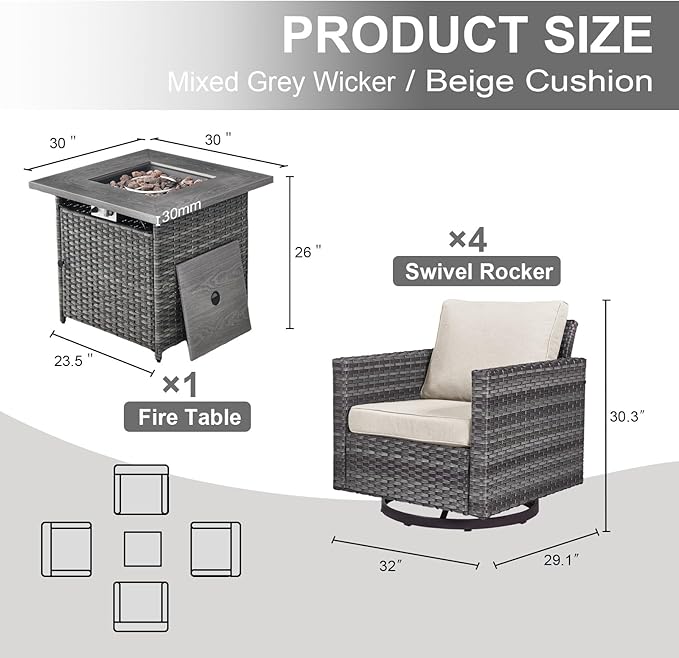 Belord 5 Pieces Wicker Patio Furniture Set: 4 Outdoor Swivel Glider Rocker Patio Conversation Set with 50000BTU Propane Fire Pit Table, All Weather Grey Rattan Anti-Rust Frame, Beige Cushion