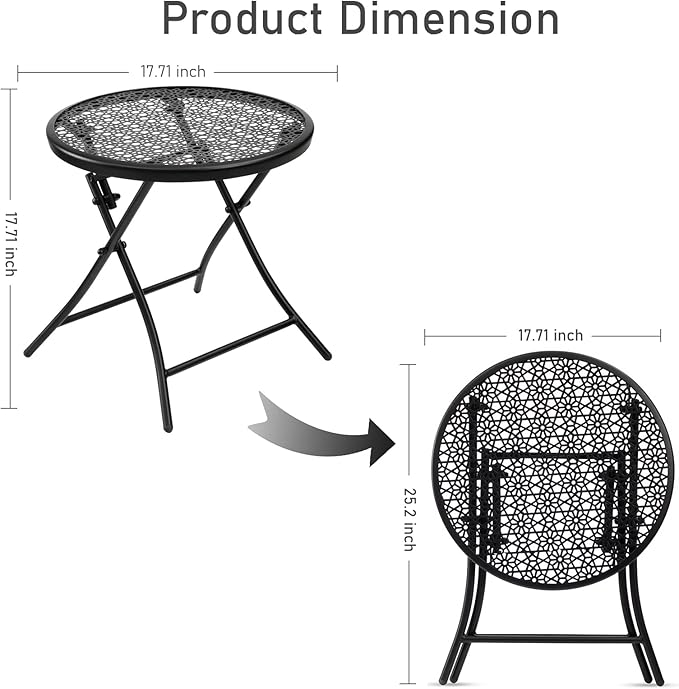 TeoKJ Folding Outdoor Side Tables, Anti Rust Small Patio Table Round Metal Nightstand with Flower Cutouts for Porch Yard Balcony Deck Lawn, Set of 2, Black