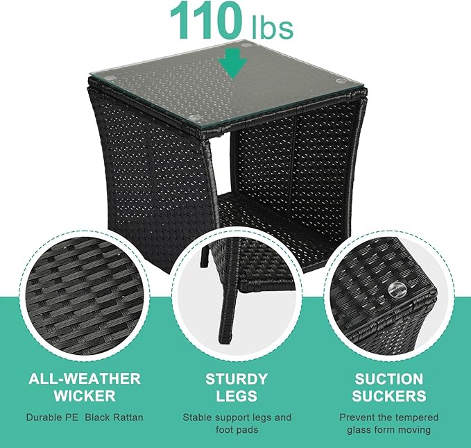 VINGLI Outdoor Wicker Side Table Patio Side Tables for Outside, Tempered Glass Top Wicker Table with Storage End Table for Balcony Porch Deck (Black)