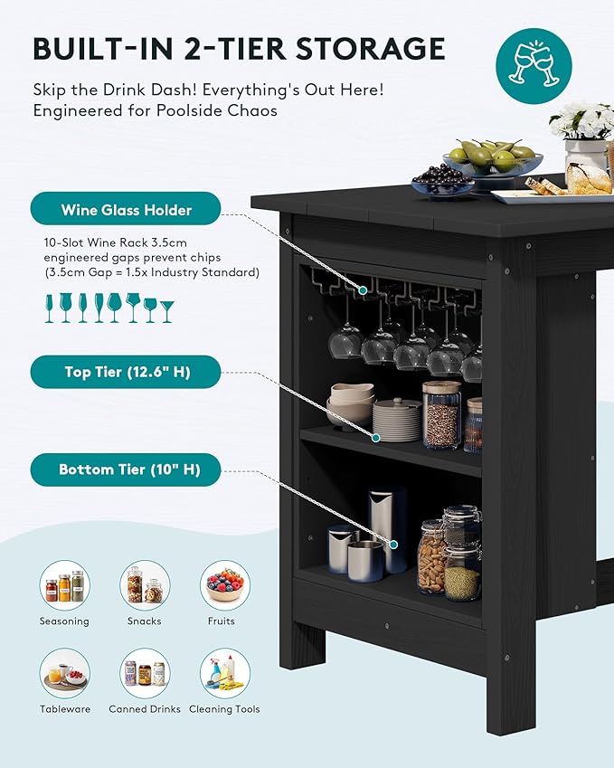 SERWALL Outdoor Bar Table, All Weather HDPE 36" Counter Height Dining Table with Storage and Wine Rack for Patio, Garden, Backyard, Balcony, Poolside, Black