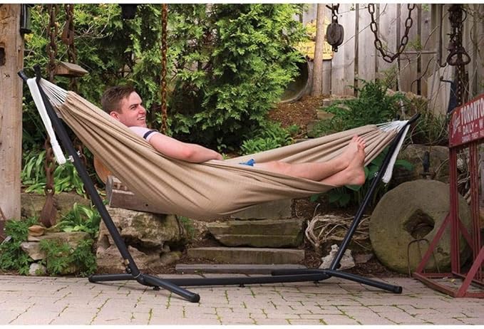 Vivere Double Sunbrella Hammock with Space-Saving Steel Stand, Heavy-Duty Portable Outdoor Hammock Set for Backyard, Patio, or Travel, Token Surfside