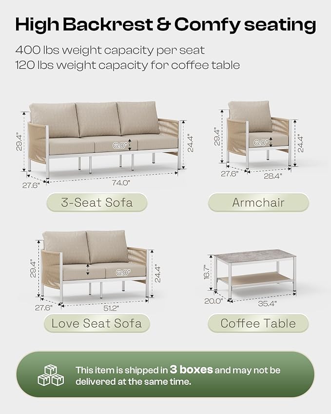 Aluminum Outdoor Patio Furniture Set with Dual-Layer Coffee Table, 4 Piece Modern Patio Conversation Sets with PE Rope, Outdoor Sectional Sofa with Thick Cushions for Balcony, Porch, Beige