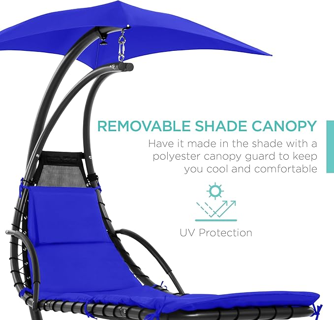 Best Choice Products Outdoor Hanging Curved Steel Chaise Lounge Chair Swing w/Built-in Pillow and Removable Canopy - Resort Blue