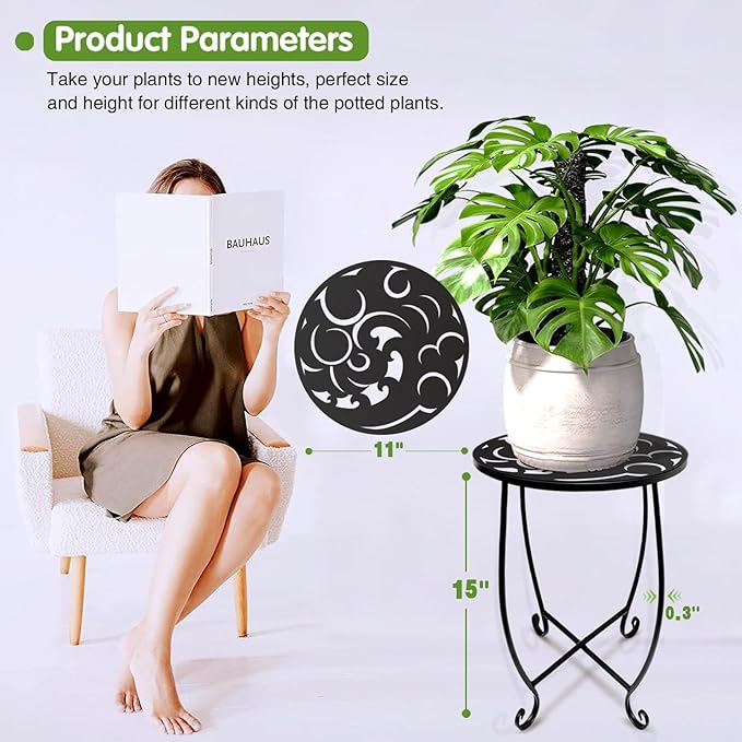 2 Pack 15 Inch Tall Plant Stands Outdoor Indoor, Metal Side Tables for Patio, Weather Resistant Flower Pot Racks with Swirl Pattern, Black End Table Set for Garden Balcony