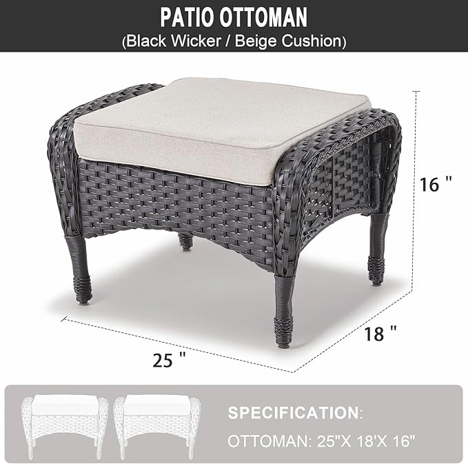 Belord Outdoor Ottomans for Patio Foot Rest - 25 Inch PE Wicker Foot Stool Set of 2 with Removable Cushions for Patio Furniture Sets,All Weather Rattan Ottoman for Balcony Deck Backyard Black
