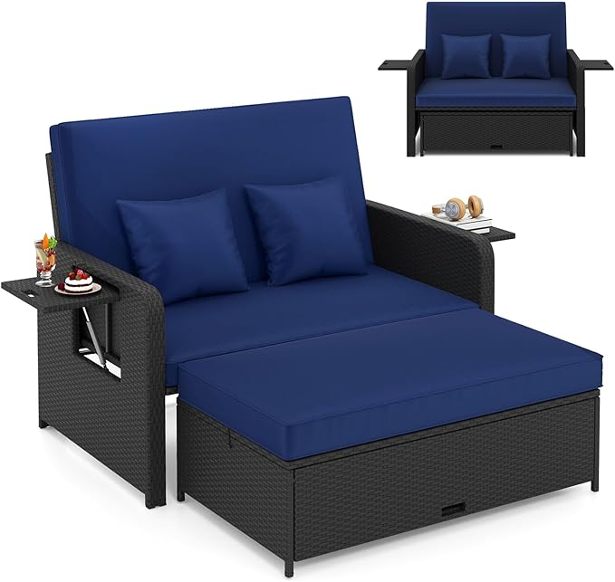 HAPPYGRILL Patio Rattan Wicker Daybed with Loveseat & Storage Ottoman, Outdoor Lounge Sofa Furniture Set with Adjustable Backrest & Side Trays, for Poolside Deck Porch Lawn (Black & Navy)