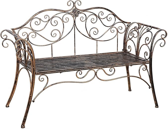 HLC Garden Bench Metal Outdoor Benchs for Front Porch Patio Park Yard 2 Seats Bench with Backrest and Armrests (Antique Bronze)