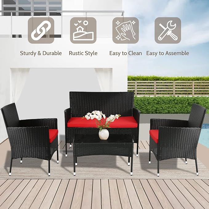 FDW Rattan Furniture Wicker Chair Patio Bristo Set for Outdoor Indoor Use with Loveseats Coffee Table,Red Cushion, 4-Pieces