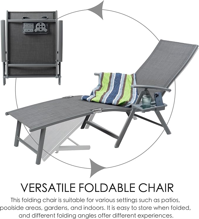 Kozyard Aluminum Outdoor Chaise Lounge Chair, Adjustable Reclining Patio Lounge with Drink Holder, Weather-Resistant Pool, Deck & Yard Recliner,Assemble-Free, Gray