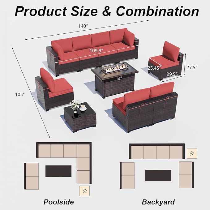 ALAULM 10 Pieces Patio Furniture Set with Propane Fire Pit Table Outdoor Sectional Sofa Sets Patio Furniture 43" Gas Fire Pit Brown PE Rattan Patio Conversation Set w/8 Seat Cushions-Red