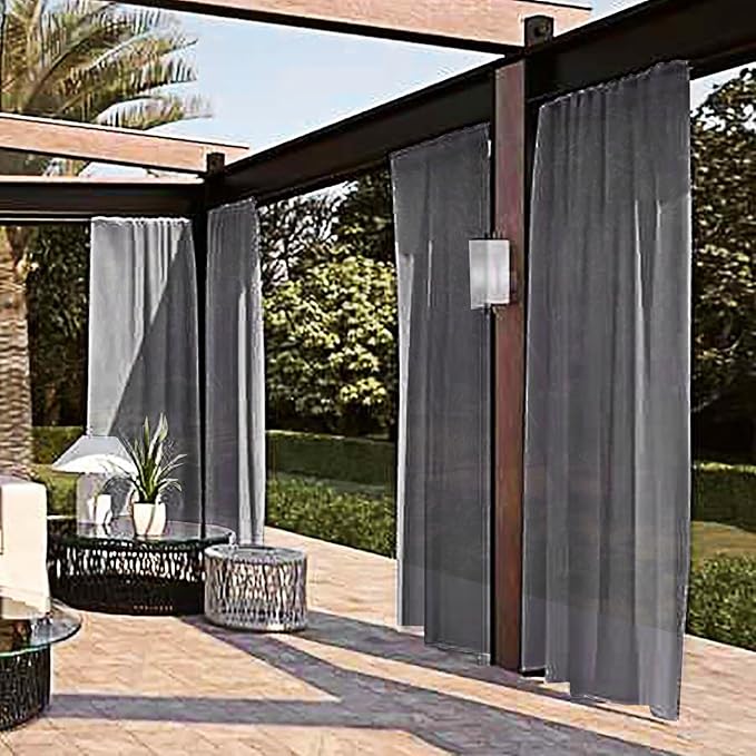 SpaceDresser Waterproof Outdoor Sheer Curtains for Patio - 2 Panels Rod Pocket Indoor Voile Sheer Curtain for Living Room,52W x 96L inch, Grey