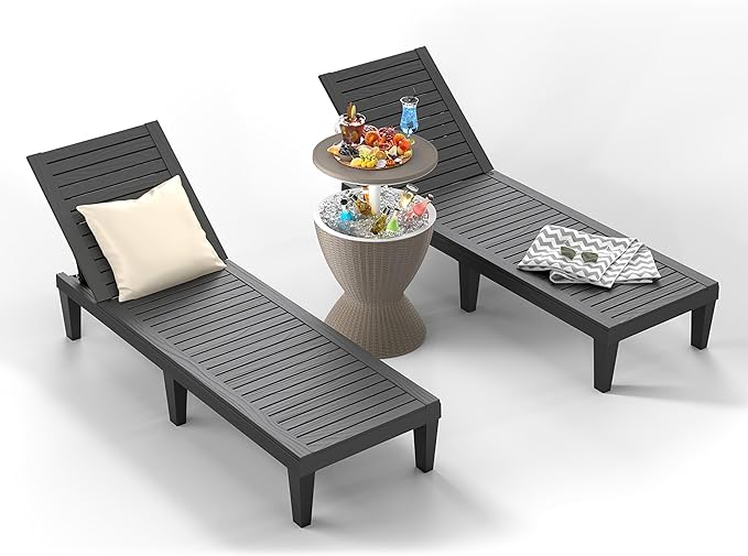 ROJIK Outdoor Chaise Lounge Chair Set of 2,with 5-Position Adjustable Backrest,Waterproof & Lightweight | Durable Indoor/Outdoor Patio Lounger Chair for Garden Pool Beach,Black