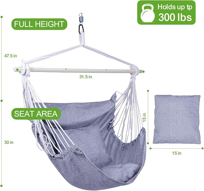 Backyard Expressions Hanging Hammock Chair Swing with Cushions & Hanging Kit – 500 lb Capacity, Cotton Blend Fabric, for Indoor/Outdoor Use – Includes Chain, Hooks & Spring – 5 Colors (Grey)
