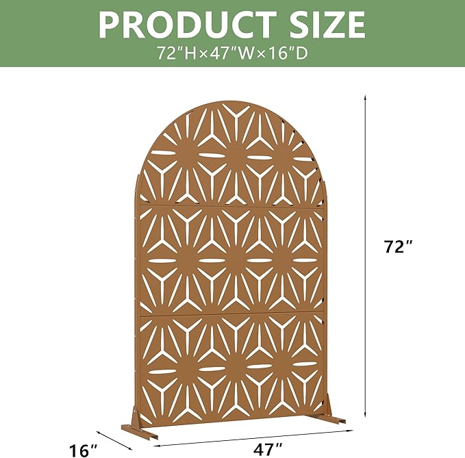 Casaphoria Metal Privacy Screen Outdoor, 72" H x 47" W Arched Freestanding Decorative Privacy Screen for Patio Deck Balcony Garden with Stable Base, Brown-Star