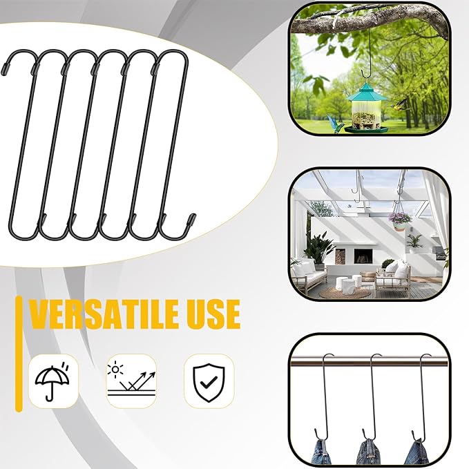 6 Pack 14 Inch Black Extra Matel Heavy Duty Hook for Hanging Plants,Large S Hooks for Hang Brsket,Bird House,Clothes,Kitchenware,Garden,Patio