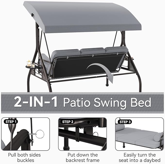 Oakcloud 3-Seat Outdoor Porch Swing with Adjustable Canopy, Large Converting Swing Chair, Patio Swing Glider with Pillows & Thick Cushions for Poolside Balcony Backyard (Grey)