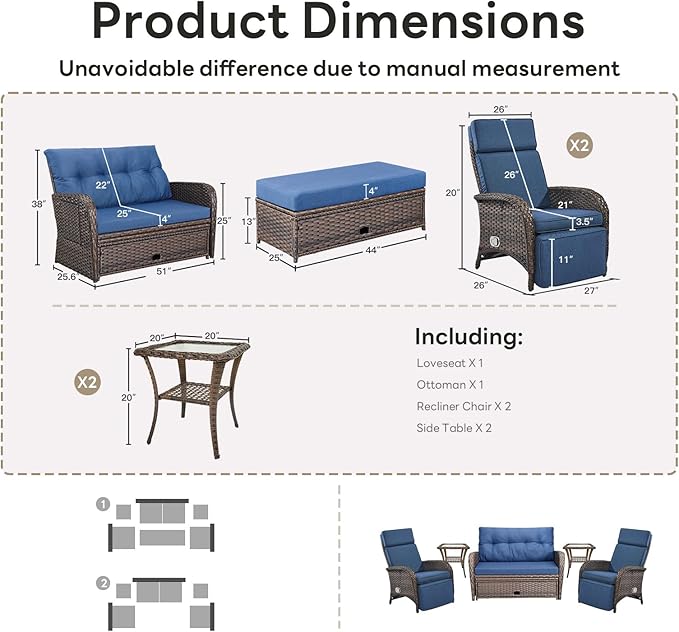 Belord Patio Furniture Set - 6-Piece Wicker Loveseat Outdoor Daybed Furniture Set with Recliner Lounge Chairs Set of 2 and Side Table, All-Weather Outdoor Patio Conversation Set for Deck Pool Backyard