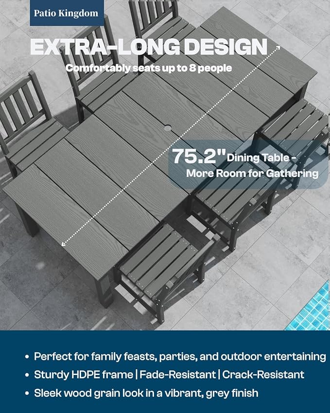 5-Piece Black Outdoor Dining Set with White 11FT Large Patio Umbrella, 75.2'' HDPE Table & Chairs for 8, Weather-Resistant Furniture with Umbrella Hole for Patio, Lawn, Poolside