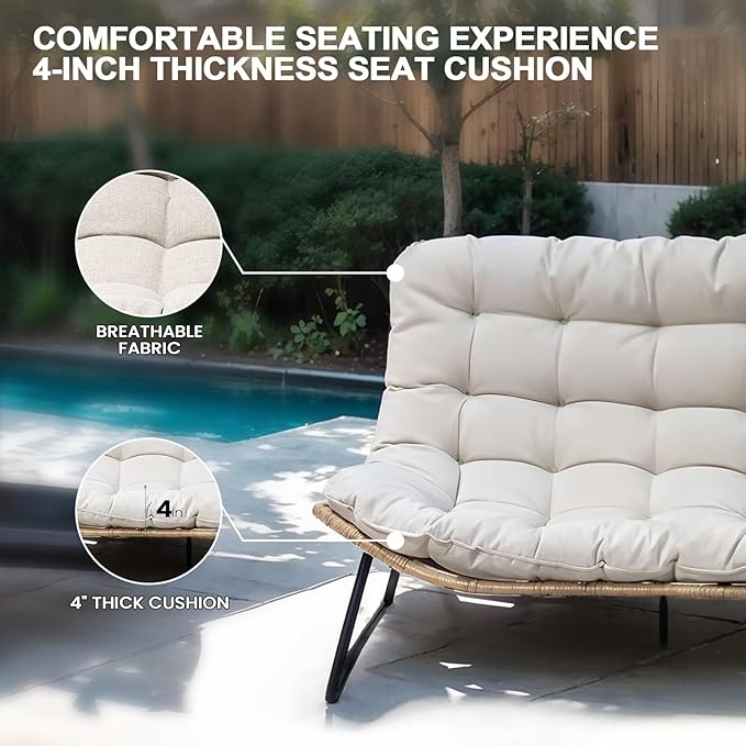 Crestlive Products Outdoor Loveseat 3PCS, Outdoor Sofa Set, All-Weather Boho Rattan Patio Furniture with Soft Cushion for Balcony, Poolside, Backyard (Without Table)