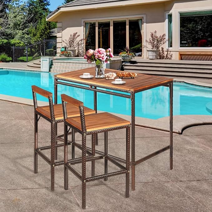 HAPPYGRILL 3 Pieces Outdoor Wicker Rattan Bar Set, Acacia Wood Patio Dining Furniture Set with 2 Chairs for Poolside Backyard Patio Balcony