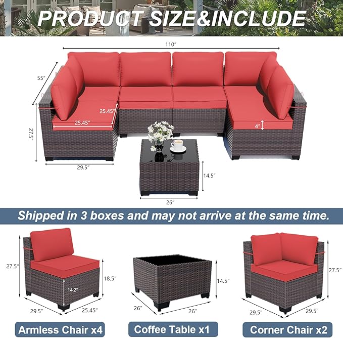 ALAULM Patio Furniture Set with Coffee Table, 7 Pieces Outdoor Sectional with Wide Seat and Thick Cushion, All Weather Wicker Rattan Conversation Set for Backyard, Garden, Deck, Red
