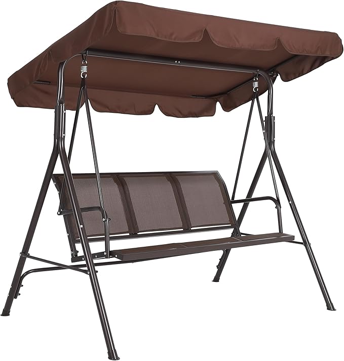 3-Seat Outdoor Patio Porch Swing with Stand, Waterproof Textilene & Adjustable Canopy, Steel Frame Swing Outdoor Chair for Backyard, Front Porch, Lawn, Garden