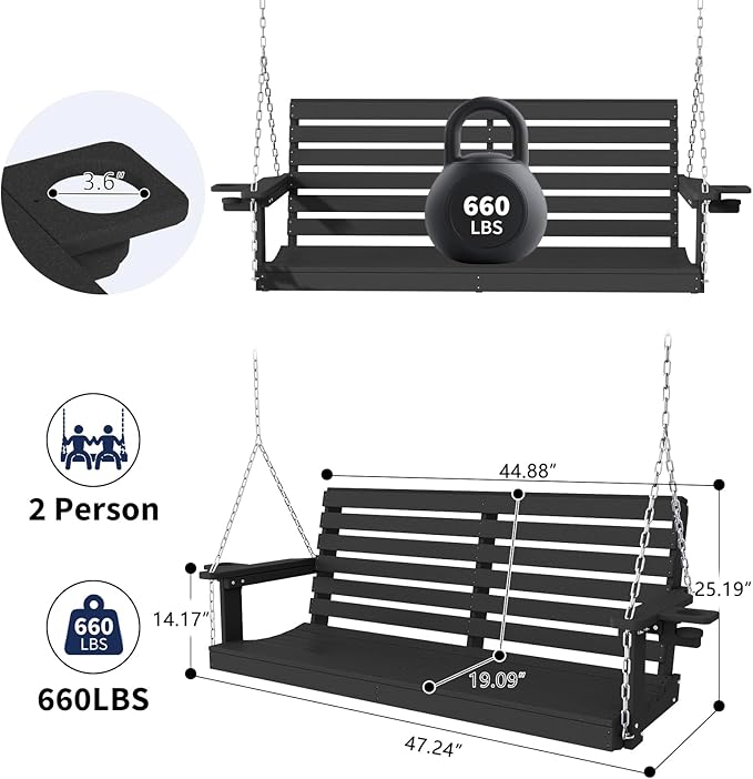 Plawdlik Porch Swings,2 Seat Patio Chair with Two Cup Holders,HDPE Waterproof Bench for Courtyard-Black