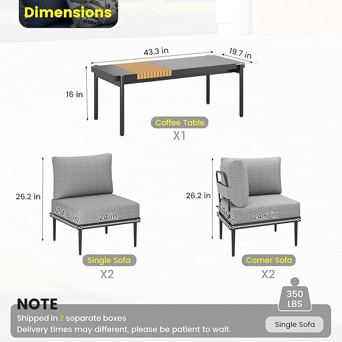 Sundale 5 Pieces Outdoor Patio Furniture Set, Metal Sectional Sofa Patio Conversation Set with Coffee Table, Modern Patio Corner Couch for Balcony, Porch, Sunroom