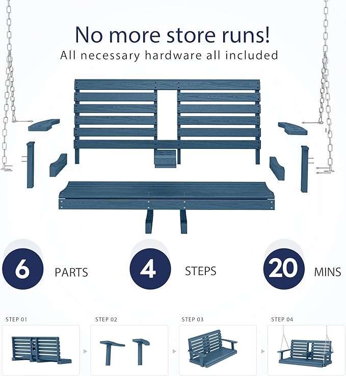 KINGYES Outdoor Hanging Porch Swing Set of 4, 2 Seat Patio Chair With Cup Holders, Waterproof Bench for Courtyard & Garden, 660LBS Weight Capacity, Blue