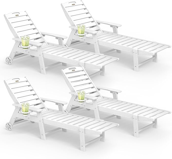 Lounge Chair Outdoor Set of 4 with Wheels, Adjustable 5-Position Chaise Lounge Outdoor, Patio Lounge Chair for Poolside Backyard, White