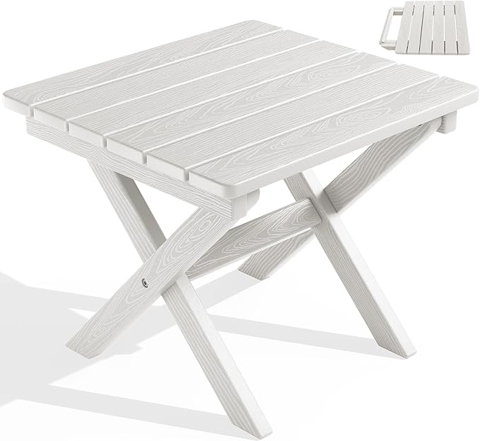 SERWALL Portable Folding Adirondack Table, HDPE Material Outdoor End Table, No Assembly Required, Weather-Resistant, 110 lbs Capacity, Small Table for Indoor and Outdoor uses, White