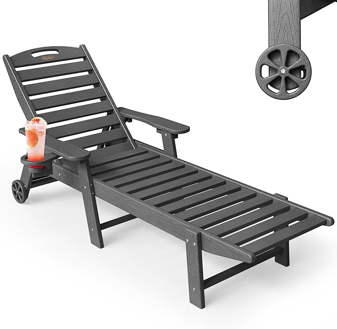 Chaise Lounge Outdoor, Lounge Chair Outdoor with Wood Texture, Adjustable 5-Position Backrest, HDPE Lounge Chair with Wheels & Cup Holder for Pool Deck Backyard, Dark Grey